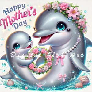 10 JPEG Cute Mother’s Day Dolphin Clipart – Spring Mom & Baby Sea Art, Digital Download, Commercial Use, Whimsical Dolphin Designs