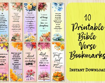 May include: Ten printable bookmarks featuring floral designs and Bible verses. The bookmarks are in a variety of colors, including pink, blue, yellow, and green. The text on the bookmarks includes verses such as "Trust in the Lord with all your heart" and "I can do all things through him who strengthens me."
