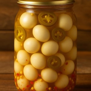 Peut inclure: Un bocal en verre transparent rempli d'œufs de caille marinés et de tranches de piments jalapeños. Les œufs sont jaune pâle et les jalapeños sont verts. Le liquide de marinade est ambré, avec des épices rouges et jaunes au fond. Le bocal a un couvercle doré.