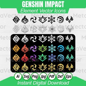 May include: A set of 20 vector icons representing the seven elements from the video game Genshin Impact. The icons are in black and white, color, and gold. The elements are Geo, Pyro, Anemo, Cryo, Hydro, Electro, and Dendro.