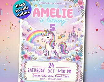 Unicorn Birthday Invitation Template, Magical Rainbow Party Invite Girl, Kids Pastel Birthday Invitation, Editable Digital Online Template