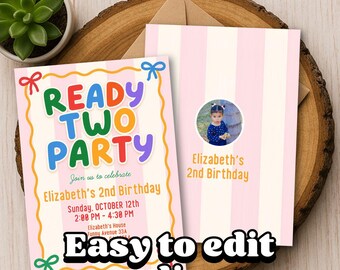 Ready Two Party Birthday Editable Invitation 2nd Birthday, Invite Toddler Girl Birthday Template Printable second birthday two years