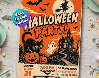 Editable Retro Halloween Party Invitation, Spooky Vintage Halloween Invite, DIY Spooky Costume Party Template, Instant Download