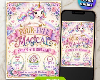 4th Unicorn Birthday Invitation Template, Four years Party Invite Girl, Kids Pastel Birthday Invitation, Editable Digital Online Template,