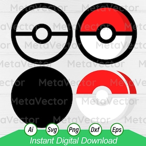 Pokemon Pokeball SVG PNG PDF ai illustraties voor gestanste machines zoals Cricut en Silhouette Cut bestand Pokemon Cut bestand Cuttable. Lightburn-laser