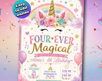 4th Unicorn Birthday Invitation Template, Four years Party Invite Girl, Kids Pastel Birthday Invitation, Editable Digital Online Template,