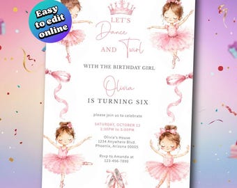 Ballerina Birthday Invitation Template, Ballet Party Invite, Tutu Cute Girl Birthday, Editable Ballet Party, Editable Digital Download