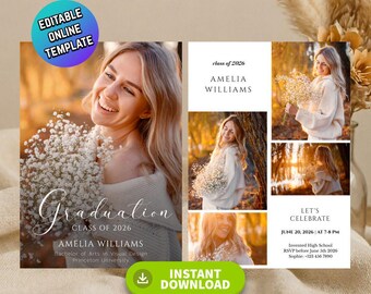 Graduation Announcement Template | Editable Senior Girl Grad Invite | Class of 2026 Graduation Card | Instant Digital Download. Invitation