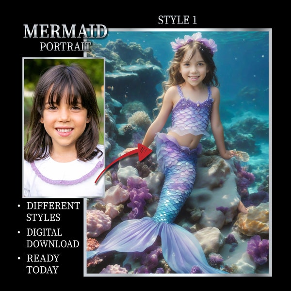 Custom Mermaid Portrait from Photo, Personalized Girl Little Mermaid Portrait, Custom Princess Portrait Mermaid Gifts Princess Birthday Gift