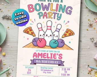 Editable Bowling Invitation, Pizza and Bowling Birthday invite, Pizza Birthday Invitation, Bowling Birthday Invitation (Digital Download)