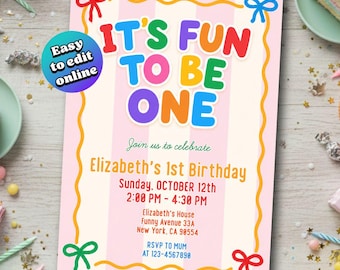 It's Fun to Be One Birthday Invitation, Edit First Birthday Invite, One Year Editable 1st Bday Party Template, Digital Download Canva Card