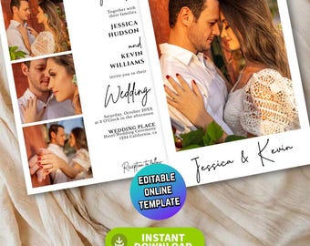 Printable Minimalist Four Photo Wedding Invitation Template, Modern Photo Wedding Invite, Editable DIY Online Stationery, Love Story Card