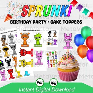 Afdrukbare Sprunki-cupcaketoppers Taartdecoratie – Digitale download, Sprunki-feestdecor. Sprunki verjaardagsdecoratie.