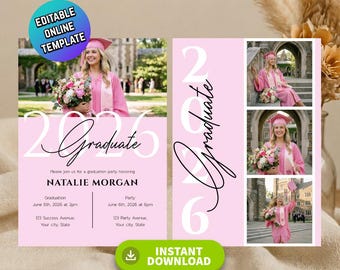 Editable Graduation Invitation 2026 Girl Pink Gold Sparkle, Class of 2026 Invite, Digital Graduation Party Template, Senior Grad Invite