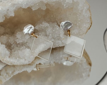 Freshwater Pearl Earrings - Diamond Acrylic | Raw Gemstones | Crystal Earrings | Gemstone Earrings | Raw Crystal | Tiny Crystal | Pearls