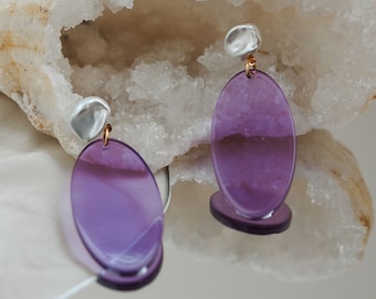 Freshwater Pearl Drop Earrings - Violet | Raw Gemstones | Crystal Earrings | Gemstone Earrings | Raw Crystal | Tiny Crystal | Gold Earrings