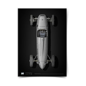 May include: A top-down view of a vintage silver race car against a black background. The car has four wheels, a steering wheel, and a streamlined body. The image is a poster print.