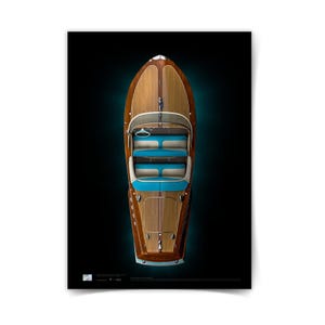 May include: Top-down view of a wooden speedboat with a light blue interior and accents. The boat has a classic design with a dark blue background. The boat's wooden deck is made of long, narrow planks.