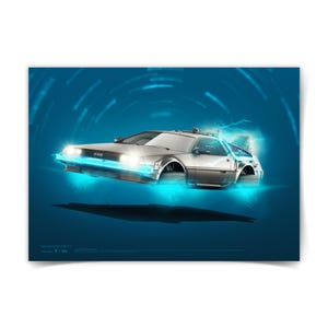Pode incluir: Ilustração de um carro DeLorean prateado, flutuando com efeitos de energia azul. Os faróis do carro estão acesos, em um fundo azul gradiente com linhas radiais. Uma sombra é projetada sob o carro.
