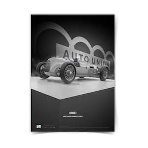 May include: A black and white poster featuring a vintage silver race car. The car is a 1937 Auto Union Type C, with the words "AUTO UNION" in large letters above it. The poster has a minimalist design.