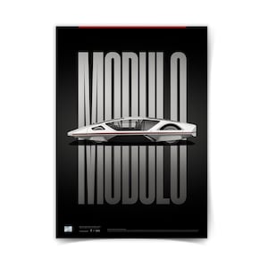 May include: A poster featuring a white concept car with a low profile and a sleek design. The car is set against a black background with the word "MODULO" in large, vertical, silver letters. A red stripe accents the top.