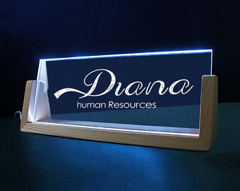 Personalized Desk Name Plate with Wooden Base, Lighted Acrylic Nameplate, Desk Accessories, Office Gifts for Boss Coworkers, New Job Gifts