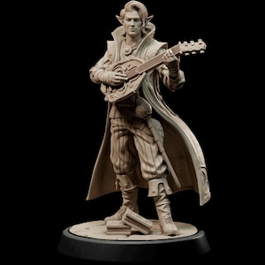 May include: A detailed, unpainted, 3D printed miniature of an elf bard playing a lute. The miniature is standing on a base with books.