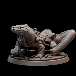 May include: A grey, 3D printed miniature of a lizard-like creature with a saddle and other gear. The creature is posed as if it is walking, with its head tilted up. The miniature is set on a round base.