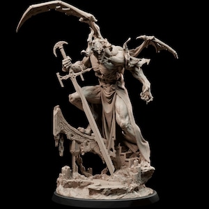 May include: A detailed, grey, sculpted figure of a demon with wings, holding a sword, standing on a broken stone base.