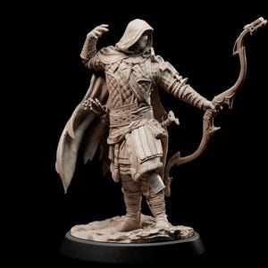 May include: A detailed figurine of a hooded archer, holding a bow and arrow, with a textured, sculpted design. The figurine is posed in a dynamic stance, ready to shoot.