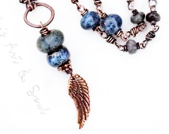 Angel Wing Necklace. Handcrafted Blue Lampwork and Porcelain Beads. Solid Copper. Rustic. Bohemian.