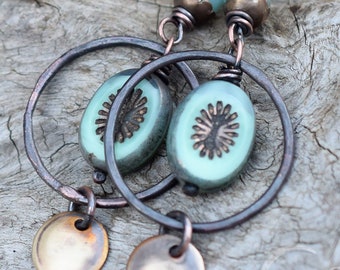 Blue Gemstone Earrings. Handmade Rustic Hoop Earrings. Golden Rust Hoops. Amazonite Stones. 112531