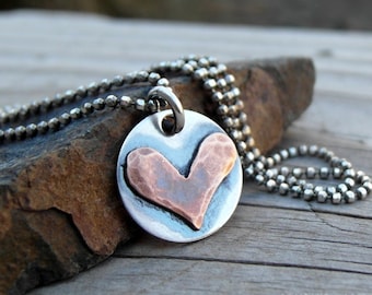 Heart Charm Necklace. Silver Heart Charm Jewelry. Love Necklace. Copper Heart Necklace. Long Silver Chain. Cindy's Art and Soul 30516