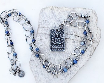 Sodalite Gemstone Beaded Necklace. Talisman Necklace. Buddha. Royal Blue. Yogi Necklace. Fine Silver Beaded Chain. 812161