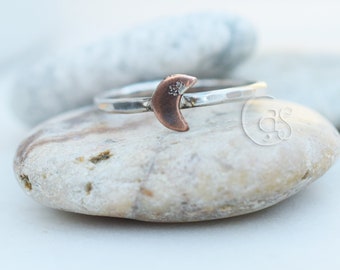 Tiny Crescent Moon Fine Silver Ring. Copper. Handcrafted Rings. Cindy's Art and Soul Jewelry 103131