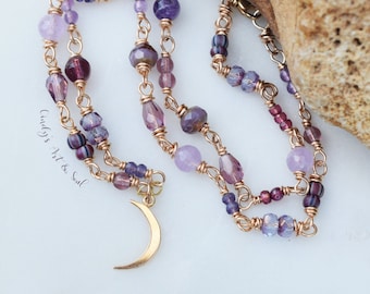 Crescent Moon Beaded Necklace. Amethyst Gemstone Beaded Chain. Golden Bronze. Handmade Jewelry. 91234