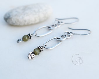 Pure Silver Hoops Gemstone Earrings Green Jasper Stone Handmade Hoop Earrings