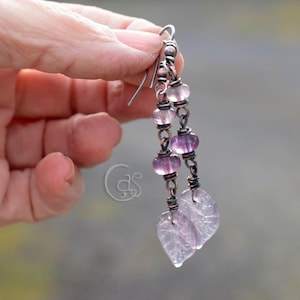 Fluorite & Amethyst Leaf Dangle Earrings, Oxidized Copper