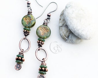 Boho Style Bee Earrings. Copper Green Dangle Handmade Earrings. Sterling Silver Earrings. Cindy's Art & Soul 12239