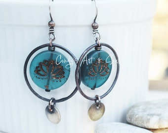 Teal Blue Lotus Earrings. Golden Copper Hoops. Boho Style Jewelry. Handmade Hoop Earrings. Cindy's Art and Soul