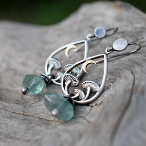 Crescent Moon Hoop Earrings with Mushroom & Green Fluorite
