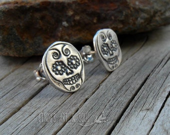 Sugar Skull. SIlver Post Earrings Silver Nugget Posts 999 Fine Silver by Cindy's Art and Soul Jewelry