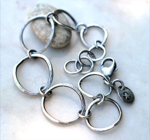 Handmade Fine Silver Chain Bracelet, Hammered Texture, Star Charm