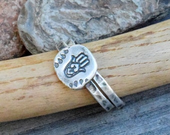 Hamsa Hand Silver Ring Set. Set of Two Rings. Pure Fine Silver. 999 Silver. Stacking Rings.