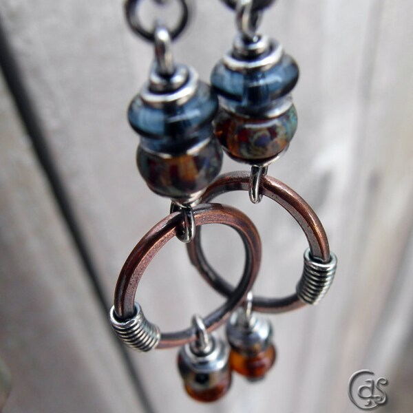 Blue Brown Hoop Earrings Mixed Metal Wire Wrapped