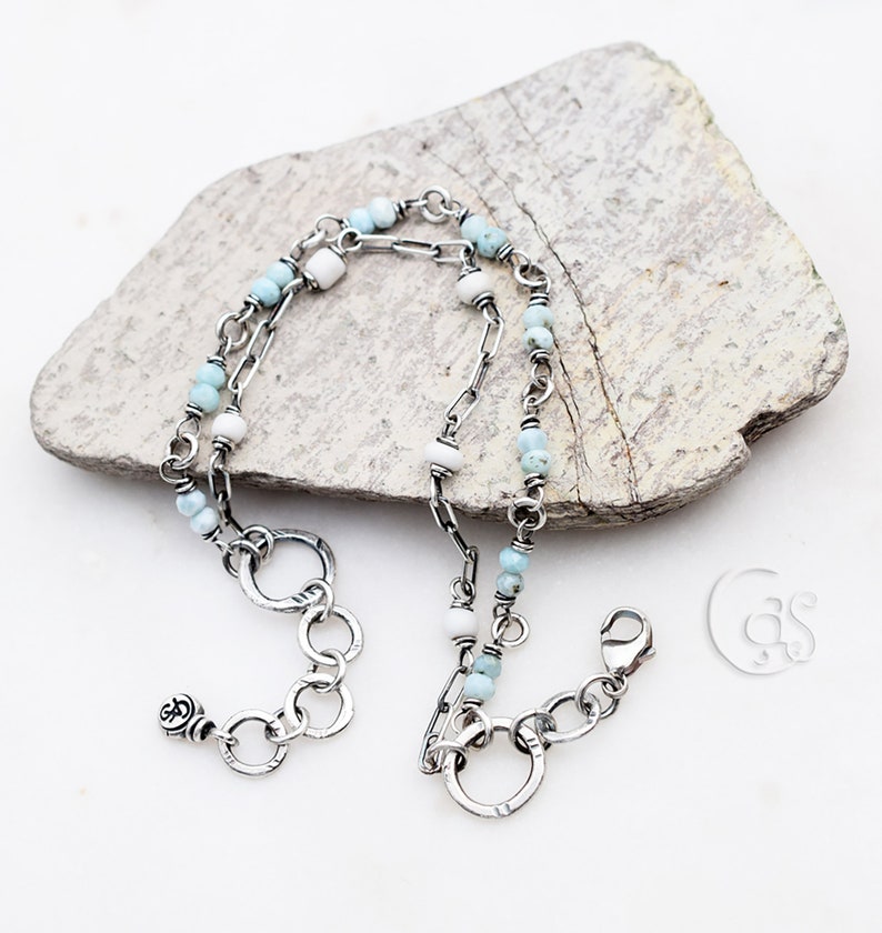 Beaded Gemstone Bracelet. Boho Style. Larimar. African Glass. Summer Beach Baby. 520195 image 6