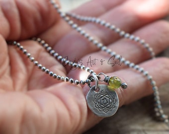 Silver Chakra Necklace Handcrafted Fine Silver Charm Necklace Green Garnet Gemstone Boho Yoga Jewelry Handmade Silver