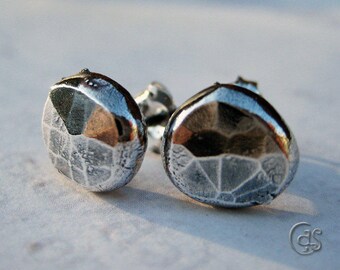 Large Sterling Silver Post Stud Earrings. Hammered Faceted Stud Post Earrings