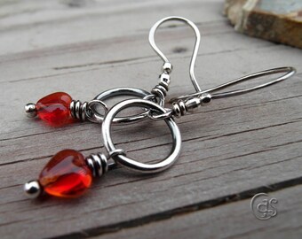 Red Hots Heart Earrings Small Silver Hoops