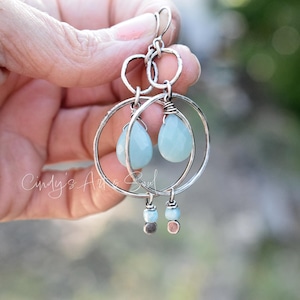 Handcrafted Fine Silver Double Hoop Earrings with Amazonite & Larimar